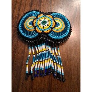 Barrette Hand Beaded 3 Circle  w Fringe 3.5"x4" Medallion Hair Clip Leather